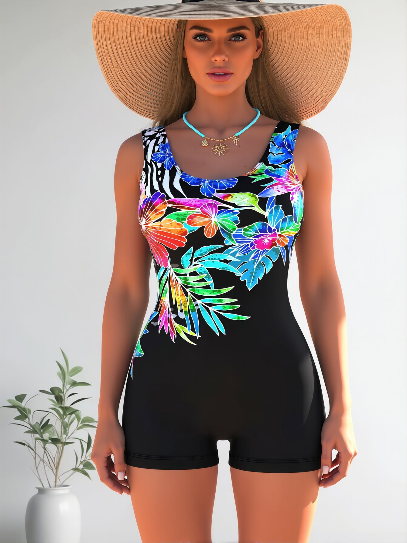 Azuretideswimwear Black one-piece women’s swimsuit with blue cartoon print – figure-hugging cut