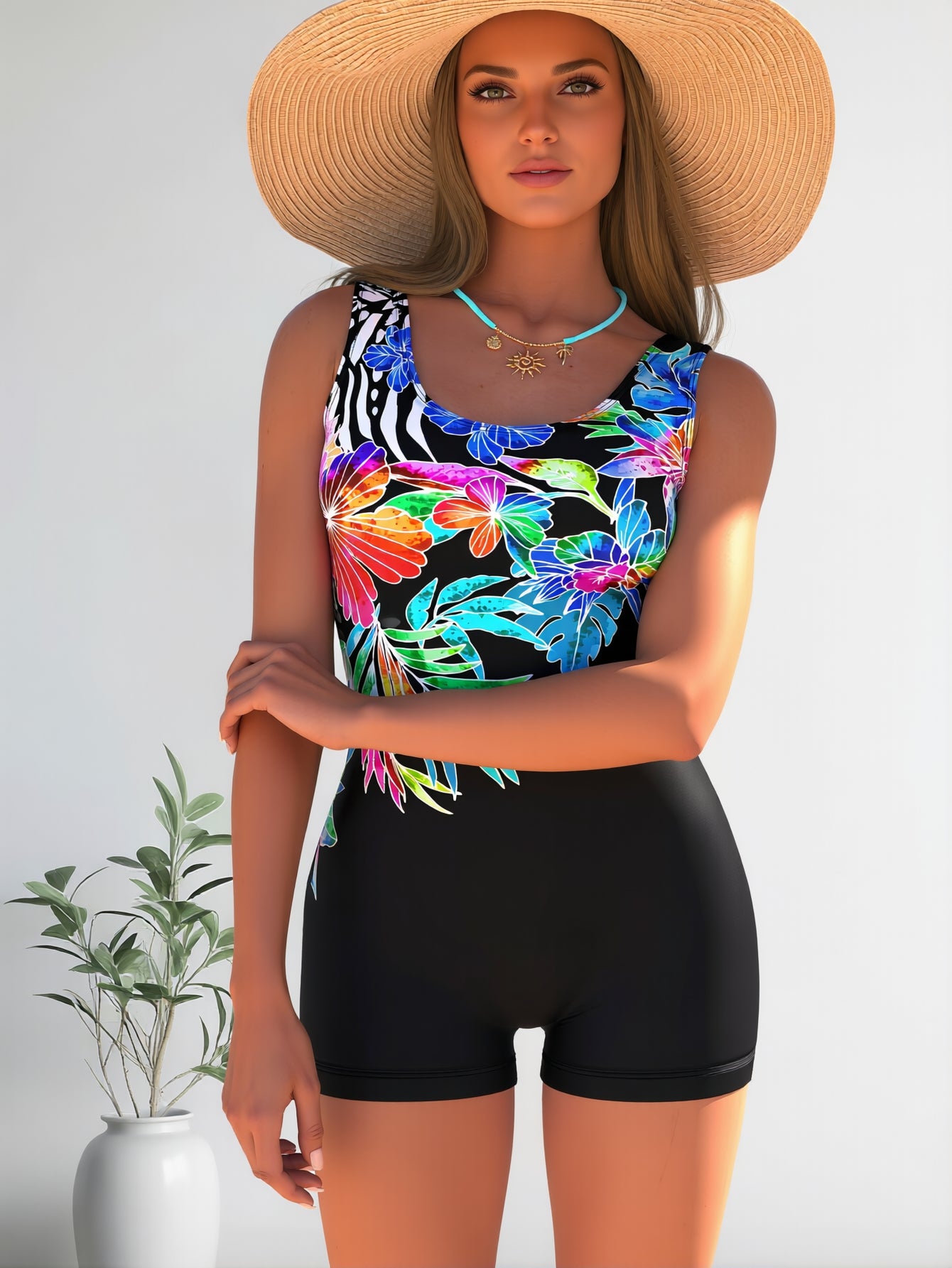 Azuretideswimwear Black one-piece women’s swimsuit with blue cartoon print – figure-hugging cut