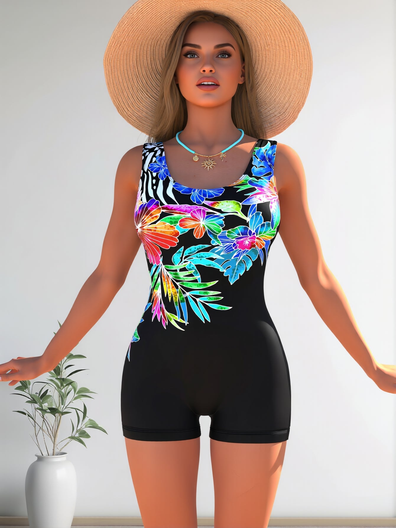 Azuretideswimwear Black one-piece women’s swimsuit with blue cartoon print – figure-hugging cut