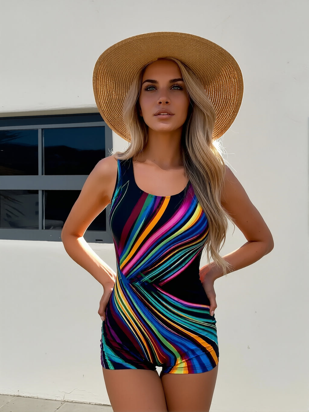 azuretideswimwear Black and rainbow-coloured one-piece women’s swimsuit – figure-hugging cut