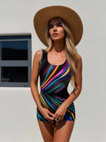 azuretideswimwear Black and rainbow-coloured one-piece women’s swimsuit – figure-hugging cut